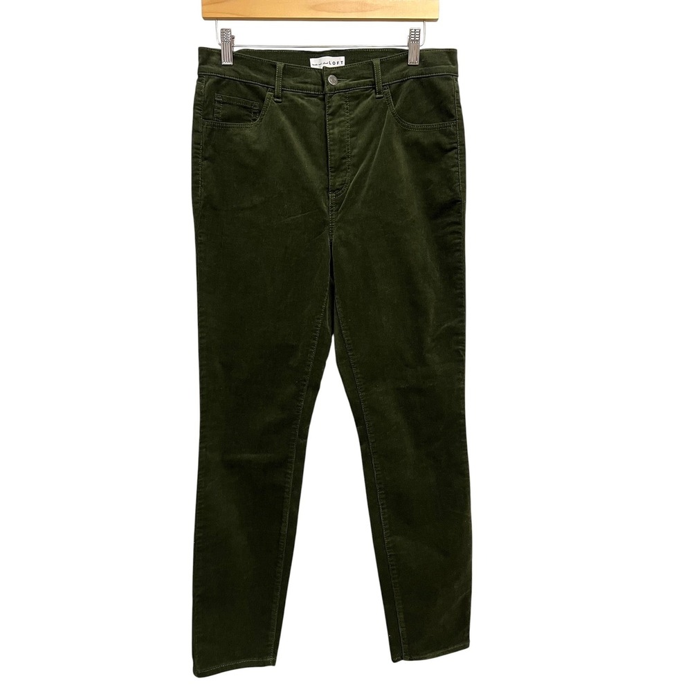 LOFT Corduroy Pants Women 8 29 Deep Green High Rise Skinny Stretch Dark Academia